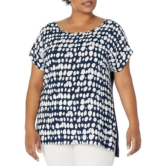 Evans Avenue Plus Size 14 Blue Mixed Media Back Border Top White Dots Flowy - Picture 1 of 6